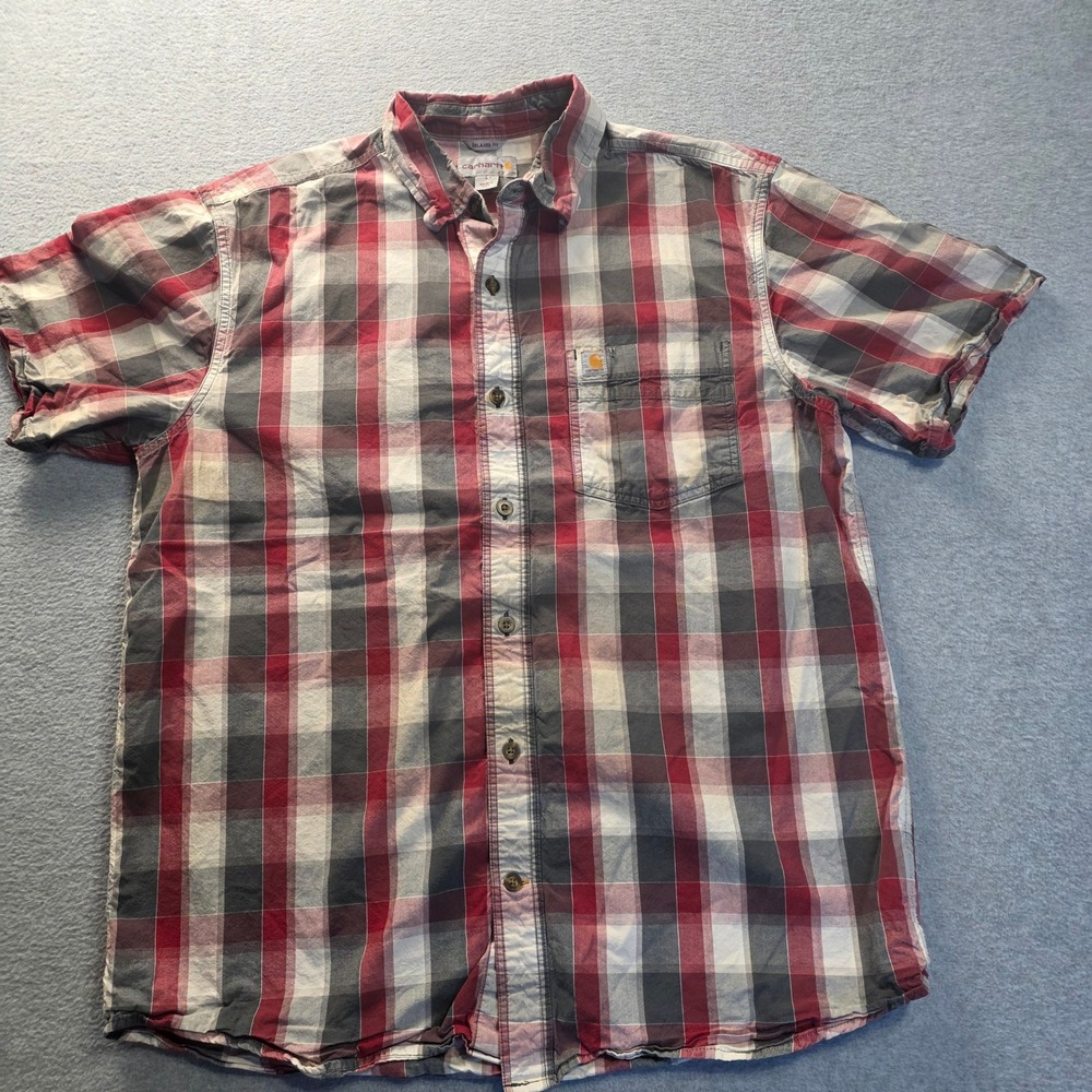 Carhartt Mens Large Plaid Button Down Shirt Red Gray Short Sleeve Relaxed Fit